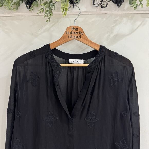 velvet by graham spencer Black Embroidered Blouse Boho Chiffon Semi Sheer UU800 - Picture 2 of 4